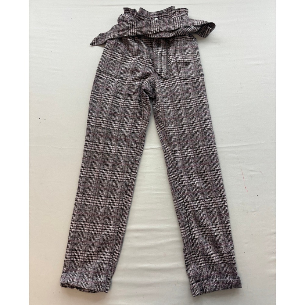 SO Plaid Paperbag Waist Pants Purple Black White Glen Check Tie Belt Size 9